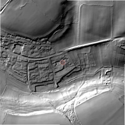 Shaded relief map of the ground around GL543BG, computed from Environment Agency LiDAR. The ground here sits at about 162 m above sea level and falls 40 m across the surrounding 800 m. Surface water reaching this point runs off ground lying to the west-north-west, 5.0 m higher.