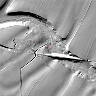 Shaded relief map of the ground around GL543BZ, computed from Environment Agency LiDAR. The ground here sits at about 138 m above sea level and falls 55 m across the surrounding 800 m. Surface water reaching this point runs off ground lying to the north-east, 36.2 m higher.