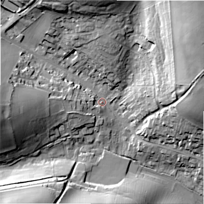 Shaded relief map of the ground around GL543EG, computed from Environment Agency LiDAR. The ground here sits at about 163 m above sea level and falls 38 m across the surrounding 800 m. Surface water reaching this point runs off ground lying to the west, 24.9 m higher.
