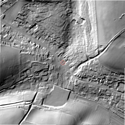Shaded relief map of the ground around GL543EJ, computed from Environment Agency LiDAR. The ground here sits at about 161 m above sea level and falls 39 m across the surrounding 800 m. Surface water reaching this point runs off ground lying to the north-east, 34.7 m higher.