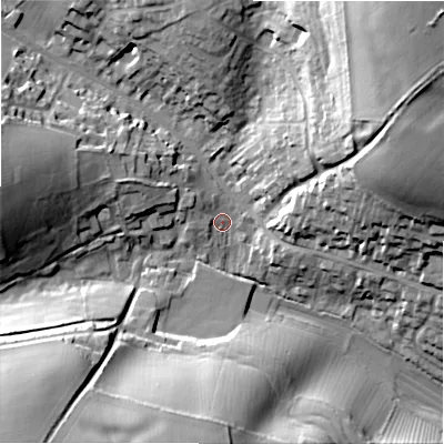 Shaded relief map of the ground around GL543EX, computed from Environment Agency LiDAR. The ground here sits at about 162 m above sea level and falls 39 m across the surrounding 800 m. Surface water reaching this point runs off ground lying to the north-east, 34.4 m higher.
