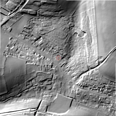 Shaded relief map of the ground around GL543EY, computed from Environment Agency LiDAR. The ground here sits at about 162 m above sea level and falls 38 m across the surrounding 800 m. Surface water reaching this point runs off ground lying to the north-north-west, 30.9 m higher.