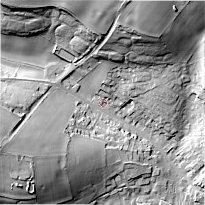 Shaded relief map of the ground around GL543HE, computed from Environment Agency LiDAR. The ground here sits at about 164 m above sea level and falls 38 m across the surrounding 800 m. Surface water reaching this point runs off ground lying to the north-north-east, 35.9 m higher.