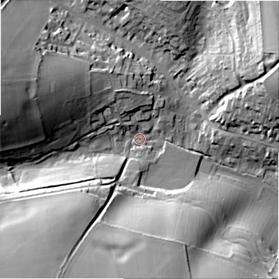 Shaded relief map of the ground around GL543HJ, computed from Environment Agency LiDAR. The ground here sits at about 163 m above sea level and falls 35 m across the surrounding 800 m. Surface water reaching this point runs off ground lying to the south-west, 31.2 m higher.