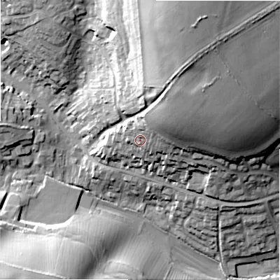 Shaded relief map of the ground around GL543HU, computed from Environment Agency LiDAR. The ground here sits at about 175 m above sea level and falls 40 m across the surrounding 800 m. Surface water reaching this point runs off ground lying to the north-east, 18.1 m higher.