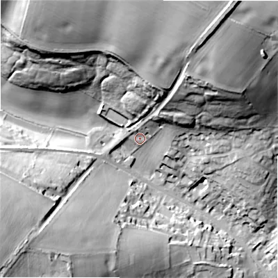 Shaded relief map of the ground around GL543JH, computed from Environment Agency LiDAR. The ground here sits at about 170 m above sea level and falls 41 m across the surrounding 800 m. Surface water reaching this point runs off ground lying to the north-north-east, 9.3 m higher.