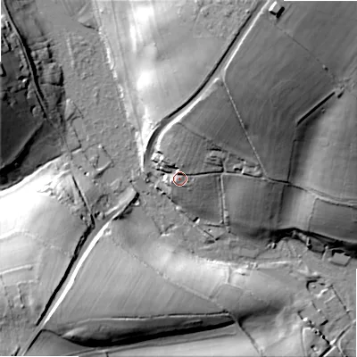 Shaded relief map of the ground around GL543JN, computed from Environment Agency LiDAR. The ground here sits at about 125 m above sea level and falls 53 m across the surrounding 800 m. Surface water reaching this point runs off ground lying to the north-east, 24.0 m higher.