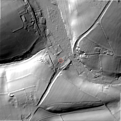 Shaded relief map of the ground around GL543JS, computed from Environment Agency LiDAR. The ground here sits at about 119 m above sea level and falls 52 m across the surrounding 800 m. Surface water reaching this point runs off ground lying to the south-south-west, 40.1 m higher.