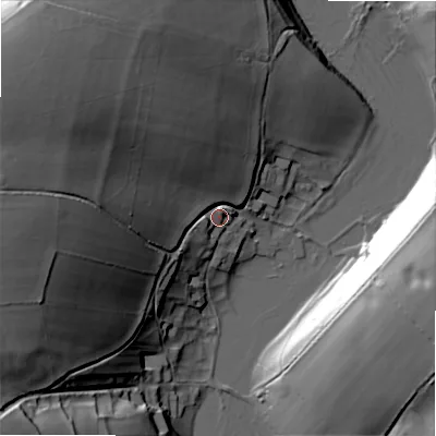 Shaded relief map of the ground around GL543LB, computed from Environment Agency LiDAR. The ground here sits at about 119 m above sea level and falls 43 m across the surrounding 800 m. Surface water reaching this point runs off ground lying to the west, 37.2 m higher.