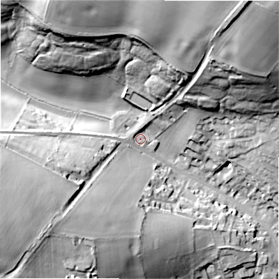 Shaded relief map of the ground around GL543LR, computed from Environment Agency LiDAR. The ground here sits at about 166 m above sea level and falls 40 m across the surrounding 800 m. Surface water reaching this point runs off ground lying to the north-east, 35.9 m higher.
