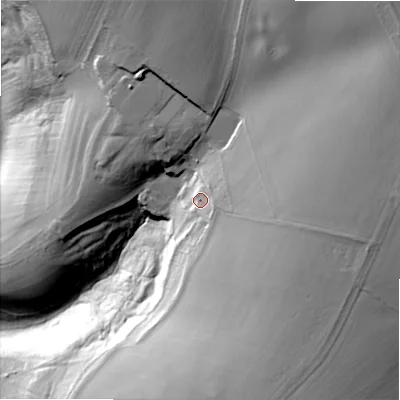 Shaded relief map of the ground around GL543QE, computed from Environment Agency LiDAR. The ground here sits at about 192 m above sea level and falls 66 m across the surrounding 800 m. Surface water reaching this point runs off ground lying to the east-south-east, 23.8 m higher.