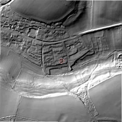 Shaded relief map of the ground around GL543QJ, computed from Environment Agency LiDAR. The ground here sits at about 160 m above sea level and falls 42 m across the surrounding 800 m. Surface water reaching this point runs off ground lying to the north, 5.5 m higher.