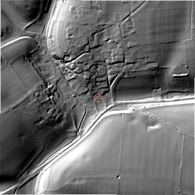 Shaded relief map of the ground around GL543QP, computed from Environment Agency LiDAR. The ground here sits at about 118 m above sea level and falls 26 m across the surrounding 800 m. Surface water reaching this point runs off ground lying to the north-north-east, 23.5 m higher.