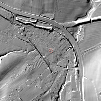 Shaded relief map of the ground around GL544AY, computed from Environment Agency LiDAR. The ground here sits at about 167 m above sea level and falls 25 m across the surrounding 800 m. Surface water reaching this point runs off ground lying to the west-north-west, 1.3 m higher.