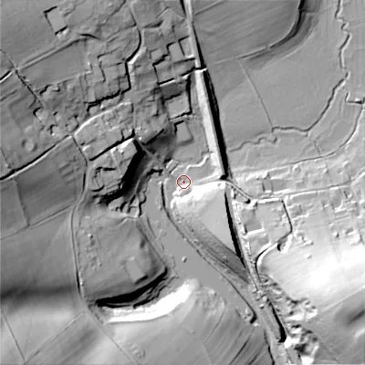 Shaded relief map of the ground around GL544BE, computed from Environment Agency LiDAR. The ground here sits at about 145 m above sea level and falls 51 m across the surrounding 800 m. Surface water reaching this point runs off ground lying to the north-west, 37.0 m higher.