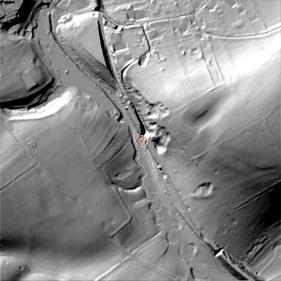 Shaded relief map of the ground around GL544BP, computed from Environment Agency LiDAR. The ground here sits at about 144 m above sea level and falls 56 m across the surrounding 800 m. Surface water reaching this point runs off ground lying to the north-east, 50.3 m higher.