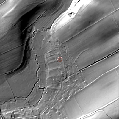 Shaded relief map of the ground around GL544DD, computed from Environment Agency LiDAR. The ground here sits at about 151 m above sea level and falls 59 m across the surrounding 800 m. Surface water reaching this point runs off ground lying to the north-east, 52.2 m higher.
