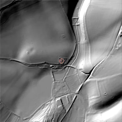 Shaded relief map of the ground around GL544DE, computed from Environment Agency LiDAR. The ground here sits at about 147 m above sea level and falls 58 m across the surrounding 800 m. Surface water reaching this point runs off ground lying to the north-west, 8.0 m higher.