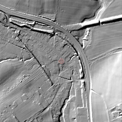 Shaded relief map of the ground around GL544GZ, computed from Environment Agency LiDAR. The ground here sits at about 166 m above sea level and falls 32 m across the surrounding 800 m. Surface water reaching this point runs off ground lying to the north-west, 11.4 m higher.