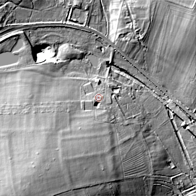 Shaded relief map of the ground around GL544HF, computed from Environment Agency LiDAR. The ground here sits at about 180 m above sea level and falls 32 m across the surrounding 800 m. Surface water reaching this point runs off ground lying to the south-south-west, 12.7 m higher.
