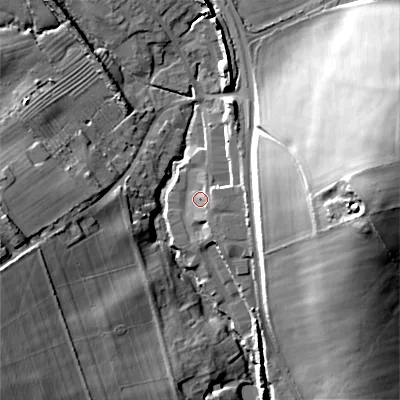 Shaded relief map of the ground around GL544HJ, computed from Environment Agency LiDAR. The ground here sits at about 166 m above sea level and falls 34 m across the surrounding 800 m. Surface water reaching this point runs off ground lying to the east, 4.6 m higher.