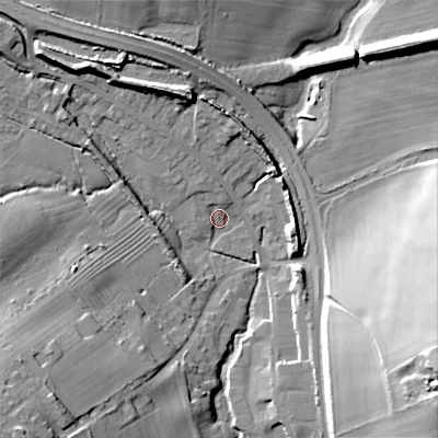 Shaded relief map of the ground around GL544HN, computed from Environment Agency LiDAR. The ground here sits at about 165 m above sea level and falls 32 m across the surrounding 800 m. Surface water reaching this point runs off ground lying to the north-west, 12.7 m higher.