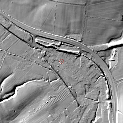 Shaded relief map of the ground around GL544HP, computed from Environment Agency LiDAR. The ground here sits at about 168 m above sea level and falls 21 m across the surrounding 800 m. Surface water reaching this point runs off ground lying to the north-west, 7.9 m higher.