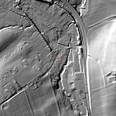 Shaded relief map of the ground around GL544HR, computed from Environment Agency LiDAR. The ground here sits at about 165 m above sea level and falls 32 m across the surrounding 800 m. Surface water reaching this point runs off ground lying to the south-west, 23.9 m higher.