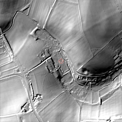 Shaded relief map of the ground around GL544HU, computed from Environment Agency LiDAR. The ground here sits at about 166 m above sea level and falls 36 m across the surrounding 800 m. Surface water reaching this point runs off ground lying to the south-south-west, 31.4 m higher.