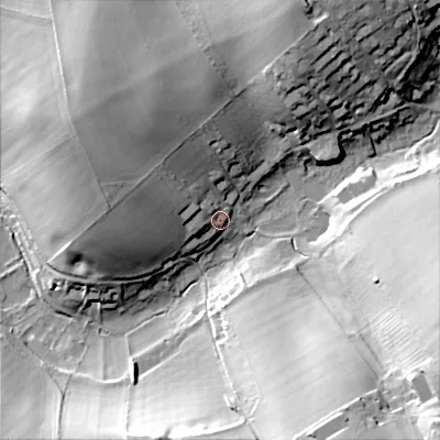 Shaded relief map of the ground around GL544HZ, computed from Environment Agency LiDAR. The ground here sits at about 174 m above sea level and falls 38 m across the surrounding 800 m. Surface water reaching this point runs off ground lying to the west-north-west, 6.7 m higher.