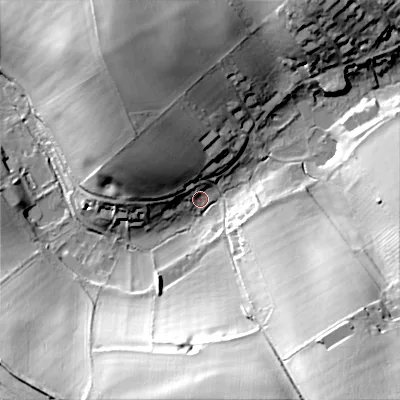 Shaded relief map of the ground around GL544JA, computed from Environment Agency LiDAR. The ground here sits at about 170 m above sea level and falls 44 m across the surrounding 800 m. Surface water reaching this point runs off ground lying to the south-east, 38.6 m higher.