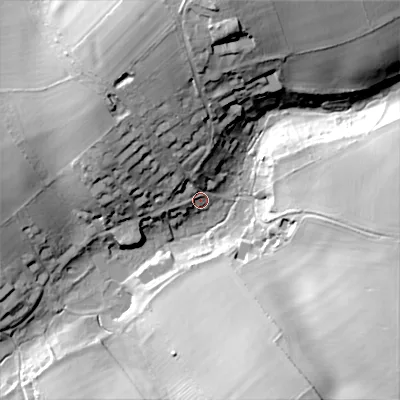 Shaded relief map of the ground around GL544JF, computed from Environment Agency LiDAR. The ground here sits at about 175 m above sea level and falls 38 m across the surrounding 800 m. Surface water reaching this point runs off ground lying to the north, 28.2 m higher.