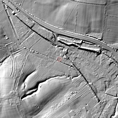 Shaded relief map of the ground around GL544JW, computed from Environment Agency LiDAR. The ground here sits at about 169 m above sea level and falls 26 m across the surrounding 800 m. Surface water reaching this point runs off ground lying to the south-west, 16.8 m higher.