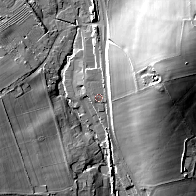 Shaded relief map of the ground around GL544LB, computed from Environment Agency LiDAR. The ground here sits at about 167 m above sea level and falls 34 m across the surrounding 800 m. Surface water reaching this point runs off ground lying to the north-north-east, 1.4 m higher.