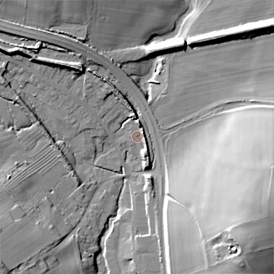 Shaded relief map of the ground around GL544NB, computed from Environment Agency LiDAR. The ground here sits at about 165 m above sea level and falls 33 m across the surrounding 800 m. Surface water reaching this point runs off ground lying to the east-south-east, 4.2 m higher.