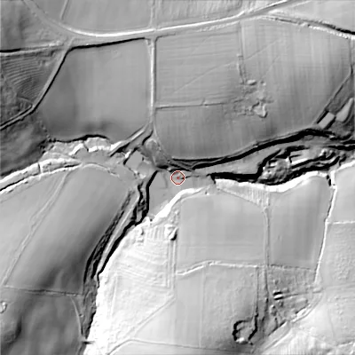 Shaded relief map of the ground around GL545BB, computed from Environment Agency LiDAR. The ground here sits at about 119 m above sea level and falls 52 m across the surrounding 800 m. Surface water reaching this point runs off ground lying to the south-west, 42.8 m higher.