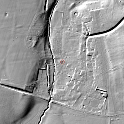 Shaded relief map of the ground around GL545DW, computed from Environment Agency LiDAR. The ground here sits at about 59 m above sea level and falls 19 m across the surrounding 800 m. Surface water reaching this point runs off ground lying to the east, 14.8 m higher.