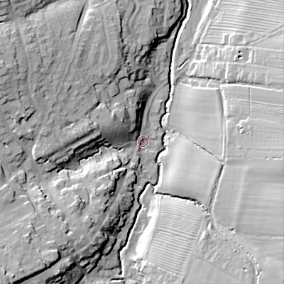 Shaded relief map of the ground around GL545JJ, computed from Environment Agency LiDAR. The ground here sits at about 81 m above sea level and falls 26 m across the surrounding 800 m. Surface water reaching this point runs off ground lying to the west-north-west, 19.9 m higher.