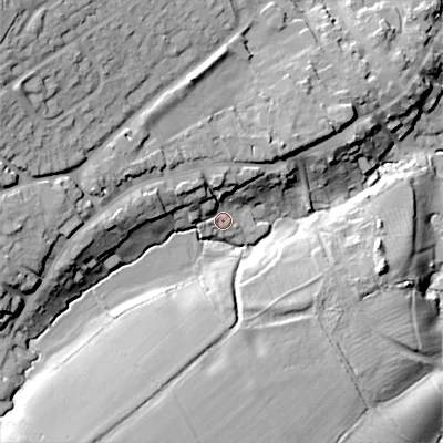 Shaded relief map of the ground around GL545LT, computed from Environment Agency LiDAR. The ground here sits at about 90 m above sea level and falls 34 m across the surrounding 800 m. Surface water reaching this point runs off ground lying to the west-north-west, 22.6 m higher.