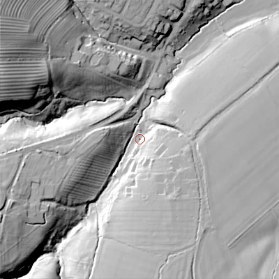 Shaded relief map of the ground around GL545NH, computed from Environment Agency LiDAR. The ground here sits at about 95 m above sea level and falls 42 m across the surrounding 800 m. Surface water reaching this point runs off ground lying to the west-south-west, 27.7 m higher.