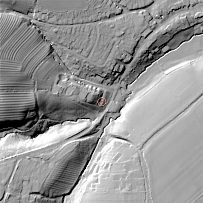 Shaded relief map of the ground around GL545NQ, computed from Environment Agency LiDAR. The ground here sits at about 98 m above sea level and falls 43 m across the surrounding 800 m. Surface water reaching this point runs off ground lying to the west-north-west, 10.1 m higher.