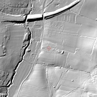 Shaded relief map of the ground around GL545NT, computed from Environment Agency LiDAR. The ground here sits at about 82 m above sea level and falls 48 m across the surrounding 800 m. Surface water reaching this point runs off ground lying to the east-south-east, 8.4 m higher.