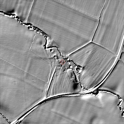 Shaded relief map of the ground around GL545PP, computed from Environment Agency LiDAR. The ground here sits at about 76 m above sea level and falls 20 m across the surrounding 800 m. Surface water reaching this point runs off ground lying to the south-east, 13.0 m higher.
