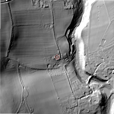 Shaded relief map of the ground around GL545RT, computed from Environment Agency LiDAR. The ground here sits at about 208 m above sea level and falls 73 m across the surrounding 800 m. Surface water reaching this point runs off ground lying to the west-north-west, 49.4 m higher.