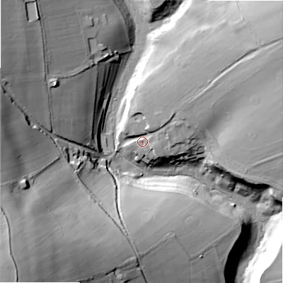 Shaded relief map of the ground around GL545RU, computed from Environment Agency LiDAR. The ground here sits at about 214 m above sea level and falls 77 m across the surrounding 800 m. Surface water reaching this point runs off ground lying to the north-east, 22.7 m higher.