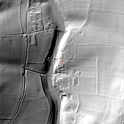 Shaded relief map of the ground around GL545SL, computed from Environment Agency LiDAR. The ground here sits at about 191 m above sea level and falls 72 m across the surrounding 800 m. Surface water reaching this point runs off ground lying to the east-north-east, 29.8 m higher.
