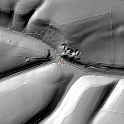 Shaded relief map of the ground around GL545SY, computed from Environment Agency LiDAR. The ground here sits at about 181 m above sea level and falls 76 m across the surrounding 800 m. Surface water reaching this point runs off ground lying to the north-north-east, 70.5 m higher.