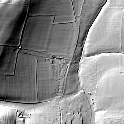 Shaded relief map of the ground around GL545TH, computed from Environment Agency LiDAR. The ground here sits at about 194 m above sea level and falls 63 m across the surrounding 800 m. Surface water reaching this point runs off ground lying to the west-north-west, 48.6 m higher.
