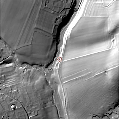 Shaded relief map of the ground around GL545UE, computed from Environment Agency LiDAR. The ground here sits at about 164 m above sea level and falls 56 m across the surrounding 800 m. Surface water reaching this point runs off ground lying to the east, 54.0 m higher.