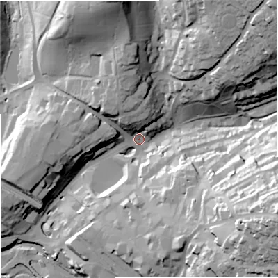 Shaded relief map of the ground around GL54BJ, computed from Environment Agency LiDAR. The ground here sits at about 48 m above sea level and falls 67 m across the surrounding 800 m. Surface water reaching this point runs off ground lying to the east-south-east, 53.7 m higher.